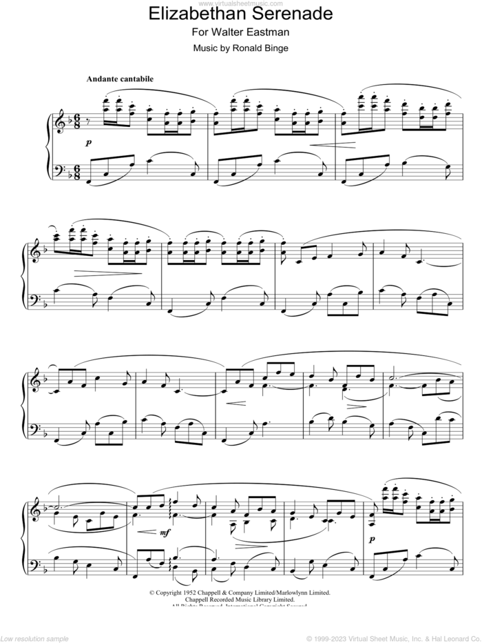 Elizabethan Serenade sheet music for piano solo by Ronald Binge, intermediate skill level