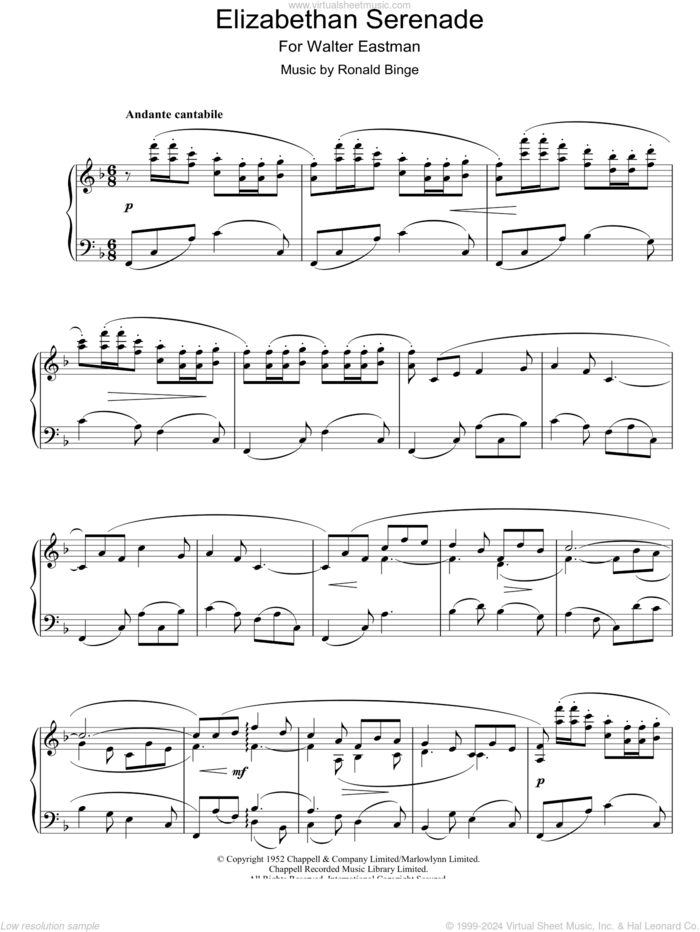 Elizabethan Serenade sheet music for piano solo by Ronald Binge, intermediate skill level