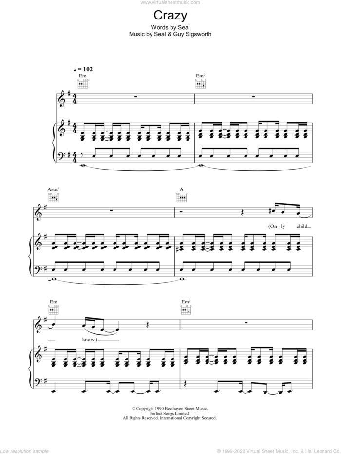 Crazy sheet music for voice, piano or guitar by Manuel Seal and Guy Sigsworth, intermediate skill level