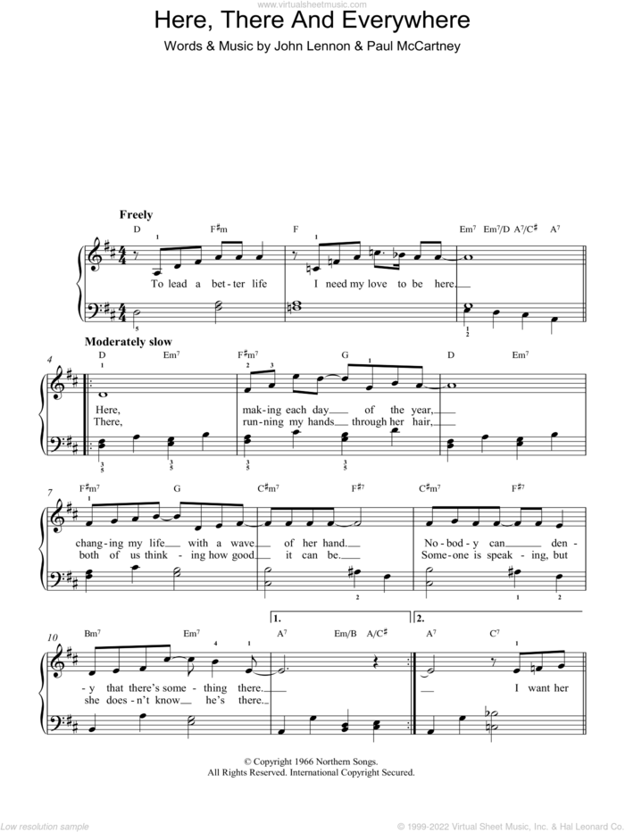 Here, There And Everywhere sheet music for piano solo by The Beatles, John Lennon and Paul McCartney, wedding score, easy skill level