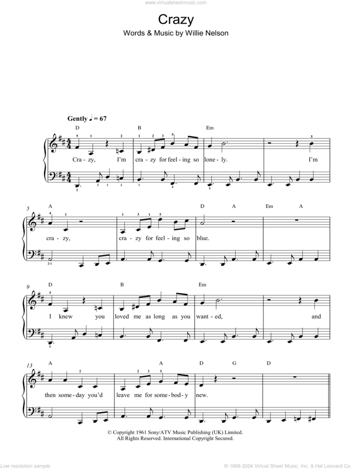 Crazy sheet music for piano solo by Patsy Cline and Willie Nelson, easy skill level