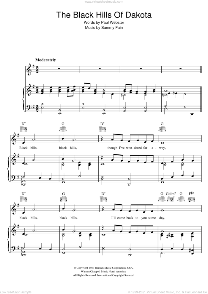 The Black Hills Of Dakota sheet music for voice, piano or guitar by Sammy Fain and Paul Francis Webster, intermediate skill level