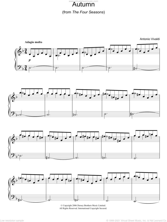 Autumn (from The Four Seasons), (easy) sheet music for piano solo by Antonio Vivaldi, classical score, easy skill level