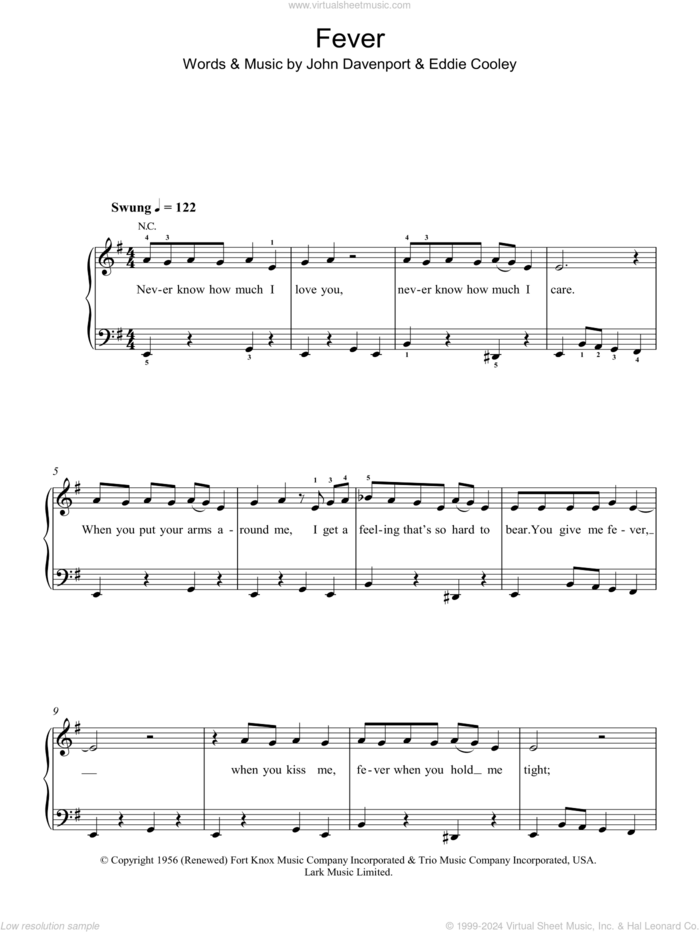 Fever sheet music for piano solo by Peggy Lee, Eddie Cooley and John Davenport, easy skill level