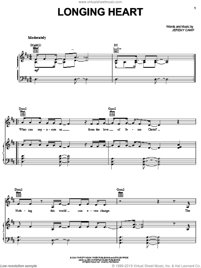 Longing Heart sheet music for voice, piano or guitar by Jeremy Camp, intermediate skill level