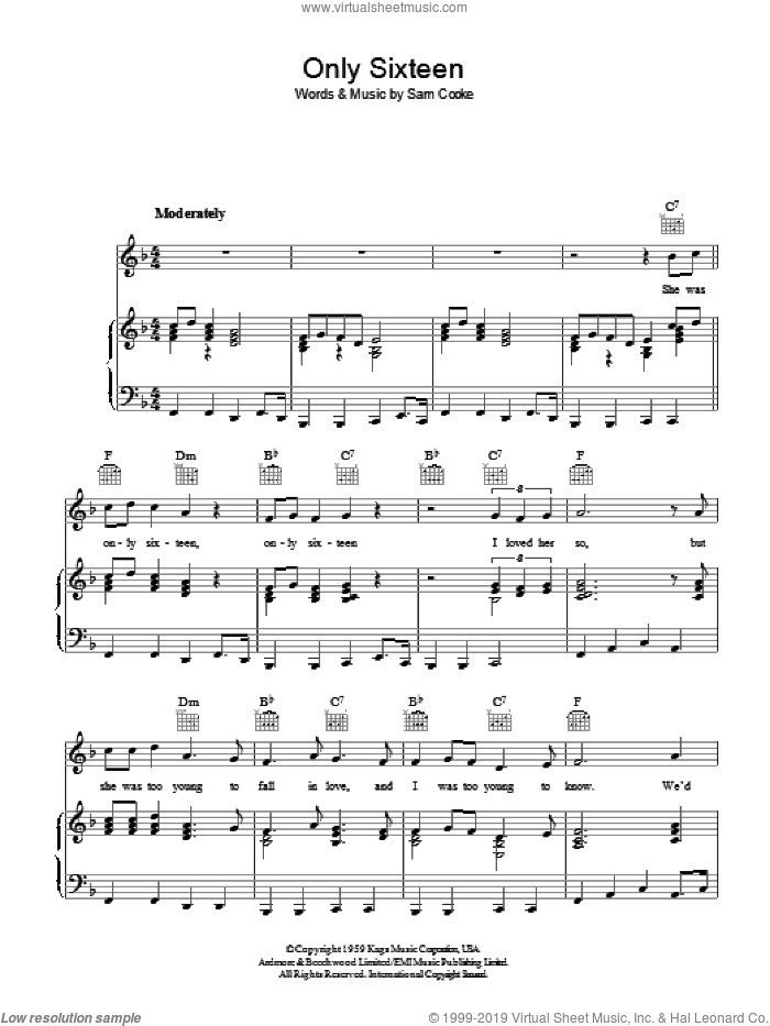 Only Sixteen sheet music for voice, piano or guitar by Sam Cooke, intermediate skill level