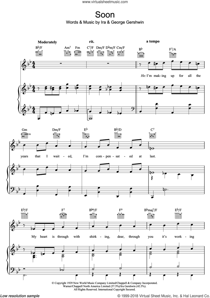 Soon sheet music for voice, piano or guitar by George Gershwin and Ira Gershwin, intermediate skill level