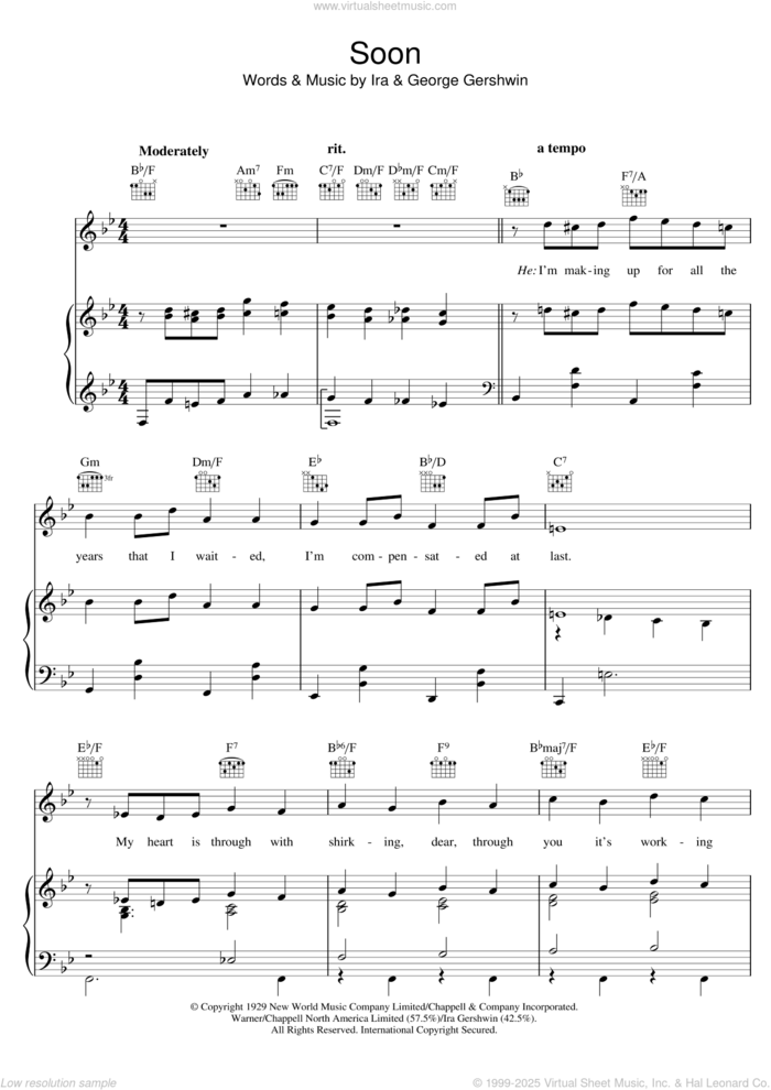 Soon sheet music for voice, piano or guitar by George Gershwin and Ira Gershwin, intermediate skill level