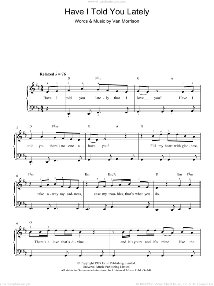 Have I Told You Lately, (easy) sheet music for piano solo by Van Morrison, wedding score, easy skill level