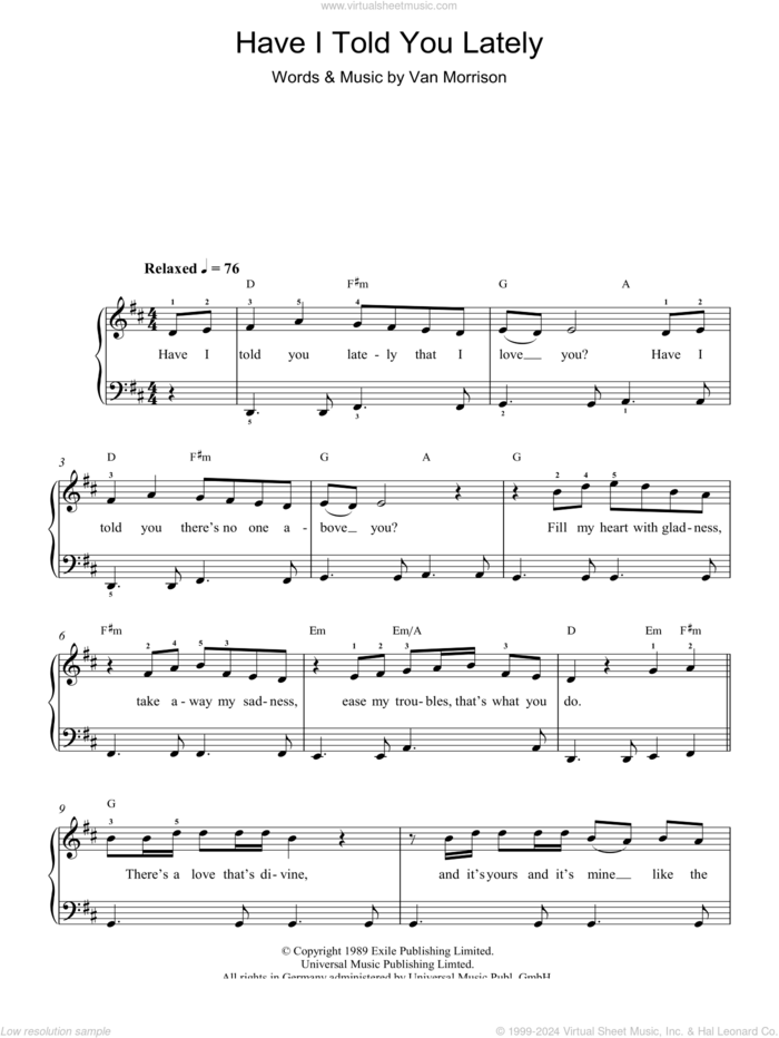 Have I Told You Lately, (easy) sheet music for piano solo by Van Morrison, wedding score, easy skill level