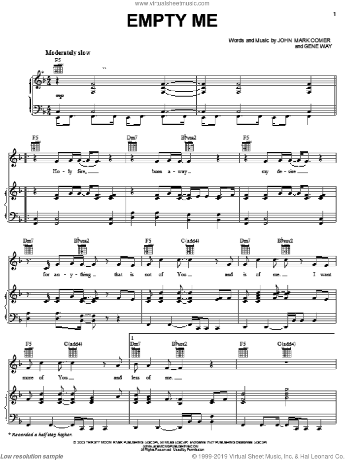 Empty Me sheet music for voice, piano or guitar by Jeremy Camp, Gene Way and John Mark Comer, intermediate skill level