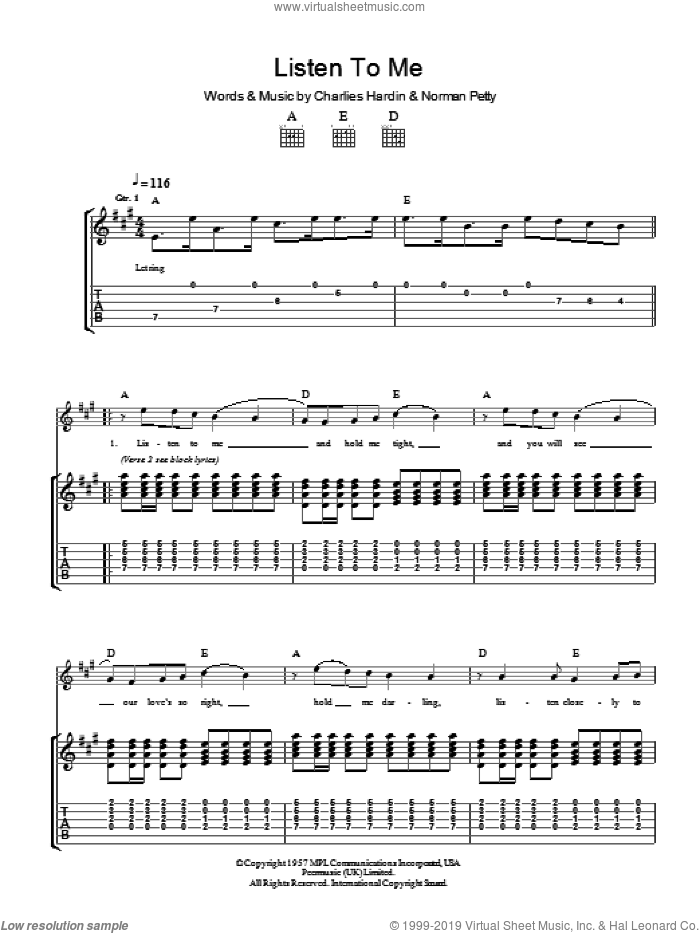Listen To Me sheet music for guitar (tablature) by Buddy Holly, Charles Hardin and Norman Petty, intermediate skill level