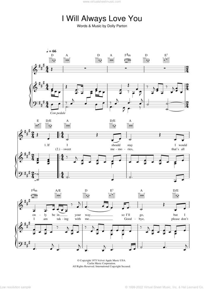 I Will Always Love You sheet music for voice, piano or guitar by Dolly Parton, wedding score, intermediate skill level