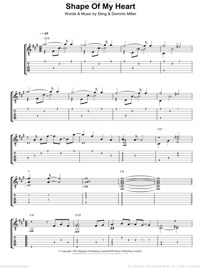 Shape Of My Heart sheet music for guitar (tablature) by Sting and Dominic Miller, intermediate skill level