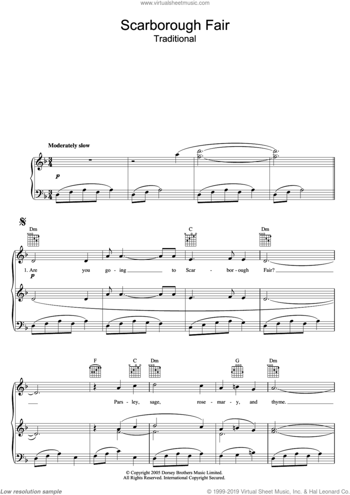 Scarborough Fair sheet music for voice, piano or guitar by Traditional English Ballad and Miscellaneous, intermediate skill level