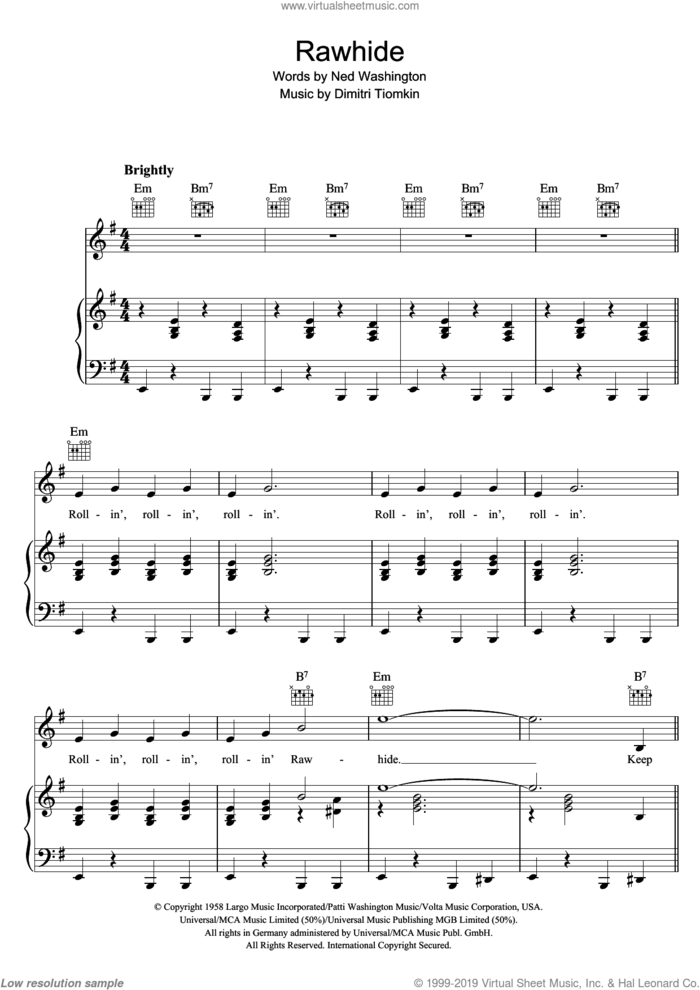 Rawhide sheet music for voice, piano or guitar by Blues Brothers, The Blues Brothers, Dimitri Tiomkin and Ned Washington, intermediate skill level