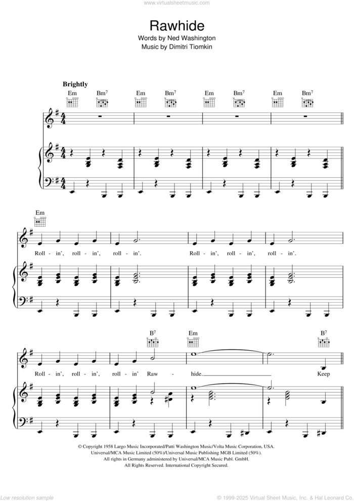 Rawhide sheet music for voice, piano or guitar by Blues Brothers, The Blues Brothers, Dimitri Tiomkin and Ned Washington, intermediate skill level