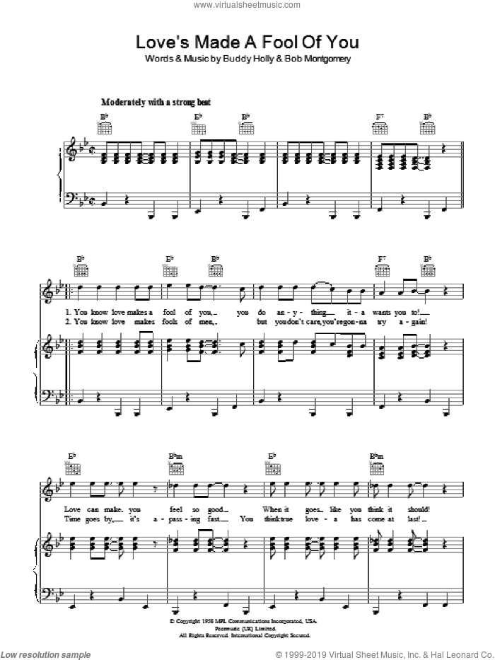 Love's Made A Fool Of You sheet music for voice, piano or guitar by Buddy Holly and Bob Montgomery, intermediate skill level