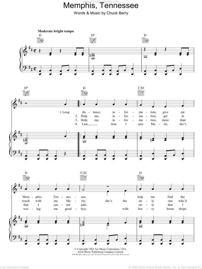 Memphis Tennessee sheet music for voice, piano or guitar by Chuck Berry, intermediate skill level