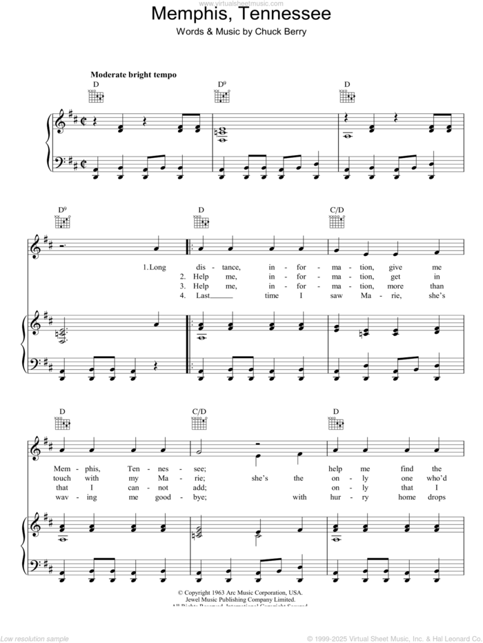 Memphis Tennessee sheet music for voice, piano or guitar by Chuck Berry, intermediate skill level