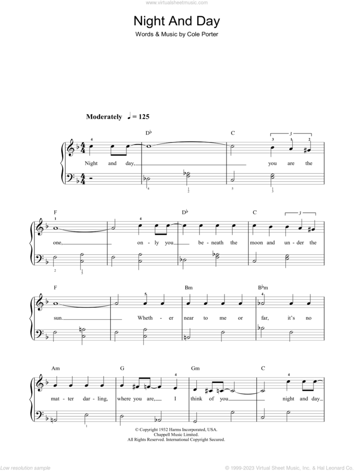 Night And Day sheet music for piano solo by Frank Sinatra and Cole Porter, easy skill level