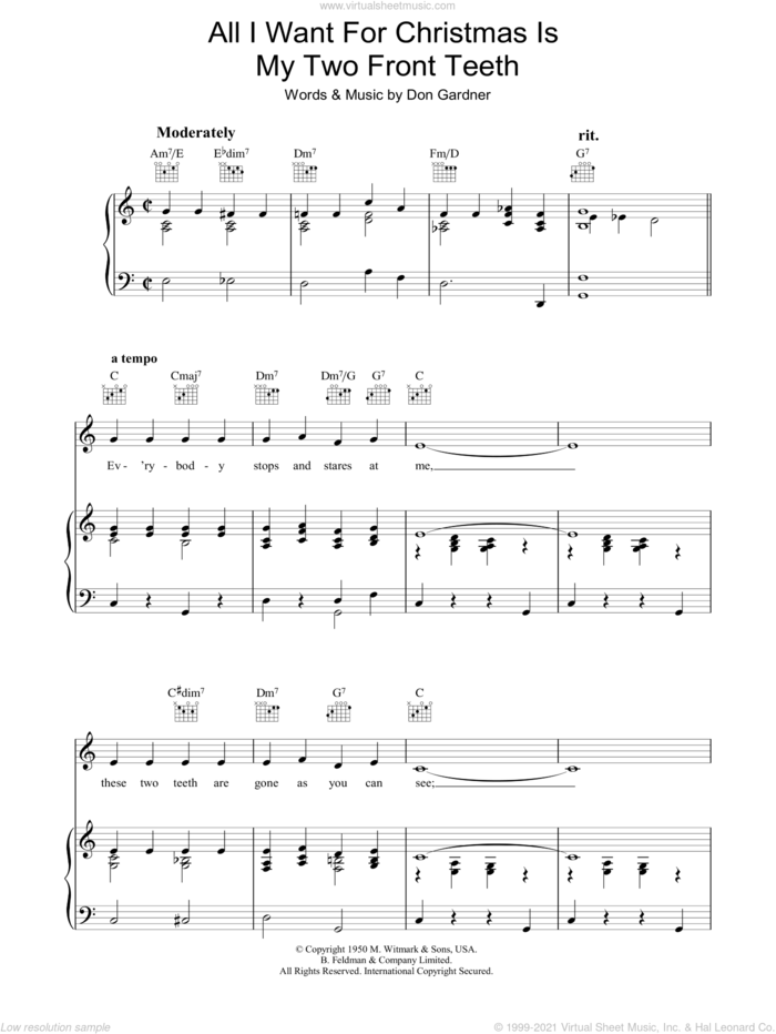 All I Want For Christmas Is My Two Front Teeth sheet music for voice, piano or guitar by Don Gardner, intermediate skill level