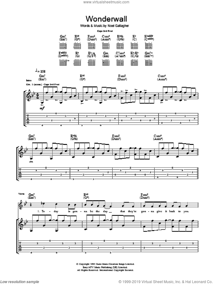 Wonderwall sheet music for guitar (tablature) by Ryan Adams and Noel Gallagher, intermediate skill level