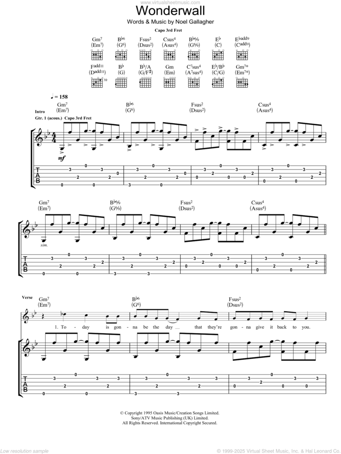 Wonderwall sheet music for guitar (tablature) by Ryan Adams and Noel Gallagher, intermediate skill level