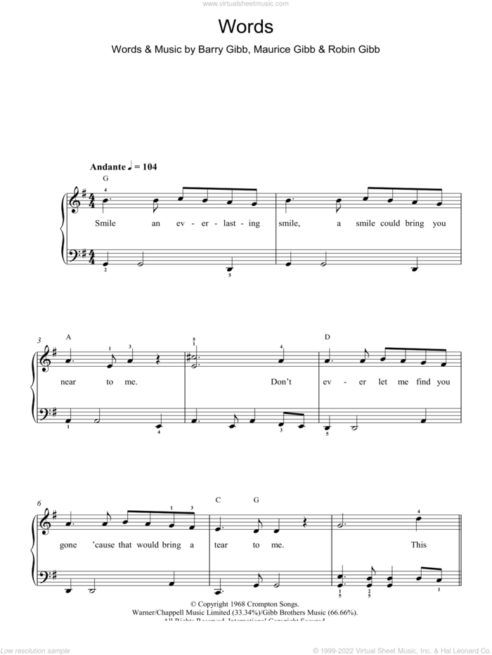 Words sheet music for piano solo by Bee Gees, Barry Gibb, Maurice Gibb and Robin Gibb, easy skill level