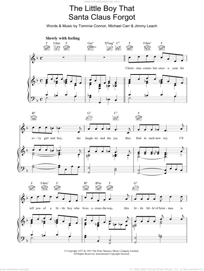 The Little Boy That Santa Claus Forgot sheet music for voice, piano or guitar by Nat King Cole, Jimmy Leach, Michael Carr and Tommie Connor, intermediate skill level