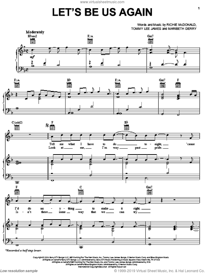 Let's Be Us Again sheet music for voice, piano or guitar by Lonestar, Maribeth Derry, Richie McDonald and Tommy Lee James, intermediate skill level
