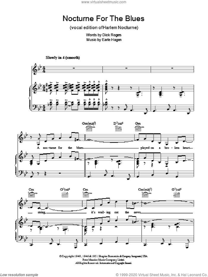 Harlem Nocturne sheet music for voice, piano or guitar by Dick Rogers and Earle Hagen, intermediate skill level