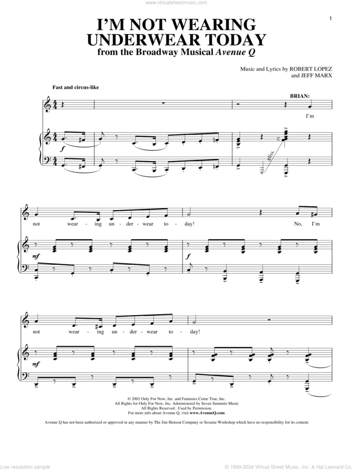 I'm Not Wearing Underwear Today (from Avenue Q) sheet music for voice and piano by Avenue Q, Jeff Marx, Robert Lopez and Robert Lopez & Jeff Marx, intermediate skill level