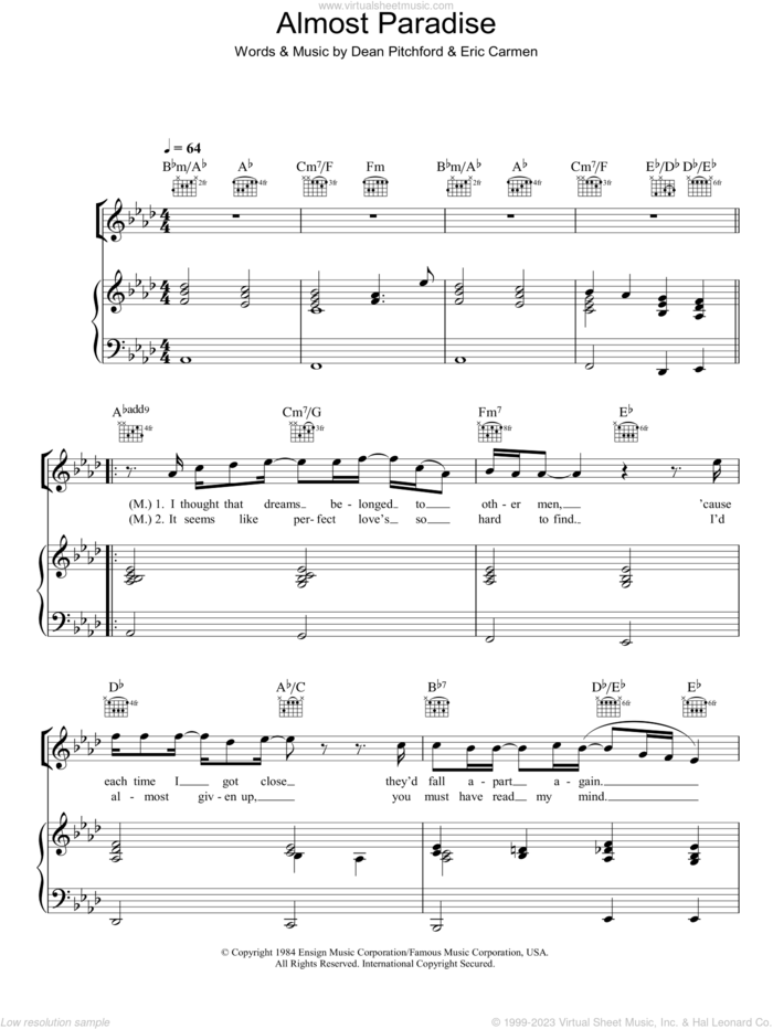 Almost Paradise sheet music for voice, piano or guitar by Mike Reno, Dean Pitchford and Eric Carmen, intermediate skill level
