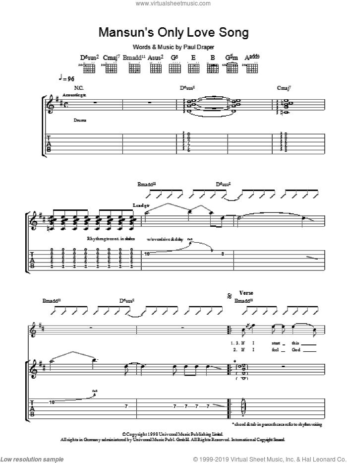 Mansun's Only Love Song sheet music for guitar (tablature) by Mansun and Paul Draper, intermediate skill level