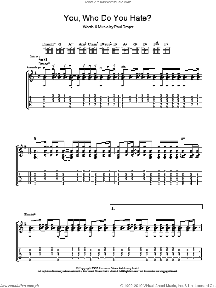 You, Who Do You Hate? sheet music for guitar (tablature) by Mansun and Paul Draper, intermediate skill level