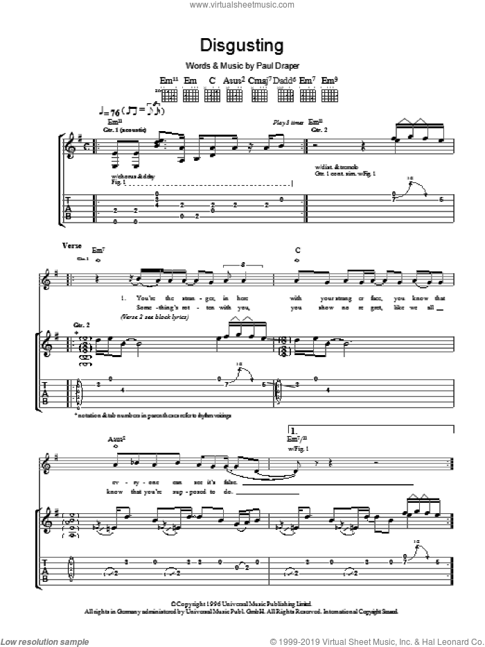 Disgusting sheet music for guitar (tablature) by Mansun and Paul Draper, intermediate skill level