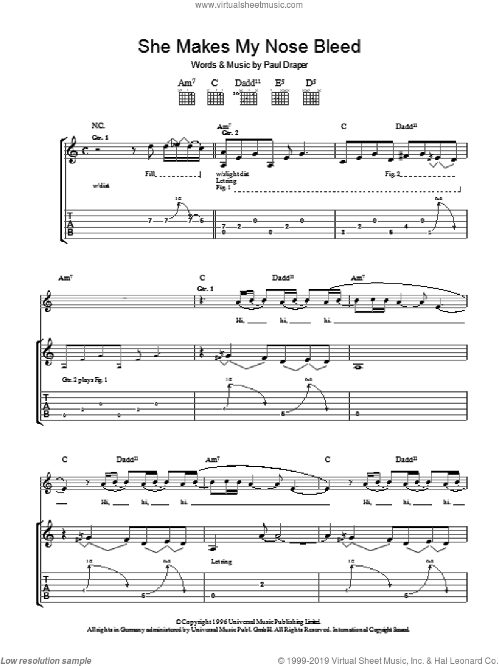 She Makes My Nose Bleed sheet music for guitar (tablature) by Mansun and Paul Draper, intermediate skill level