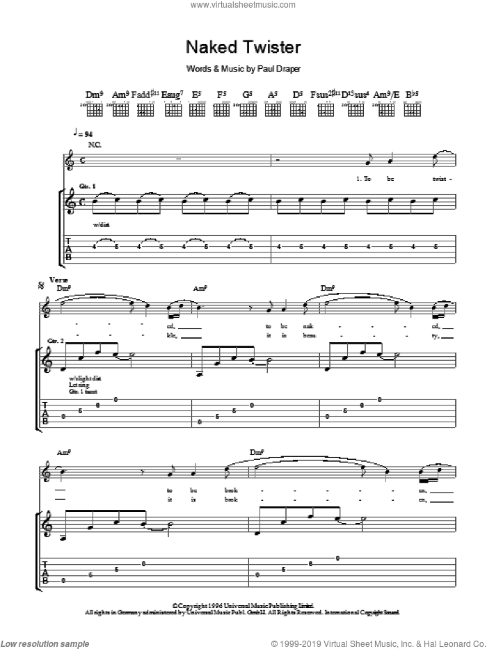 Naked Twister sheet music for guitar (tablature) by Mansun and Paul Draper, intermediate skill level