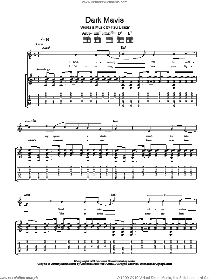 Dark Mavis sheet music for guitar (tablature) by Mansun and Paul Draper, intermediate skill level