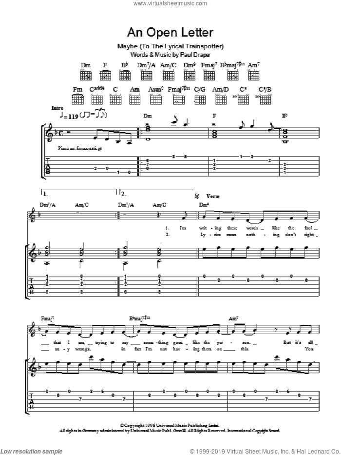 An Open Letter sheet music for guitar (tablature) by Mansun and Paul Draper, intermediate skill level