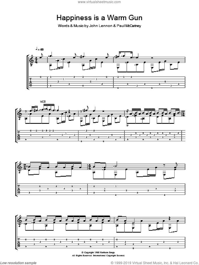 Happiness Is A Warm Gun sheet music for guitar solo by The Beatles, John Lennon and Paul McCartney, intermediate skill level