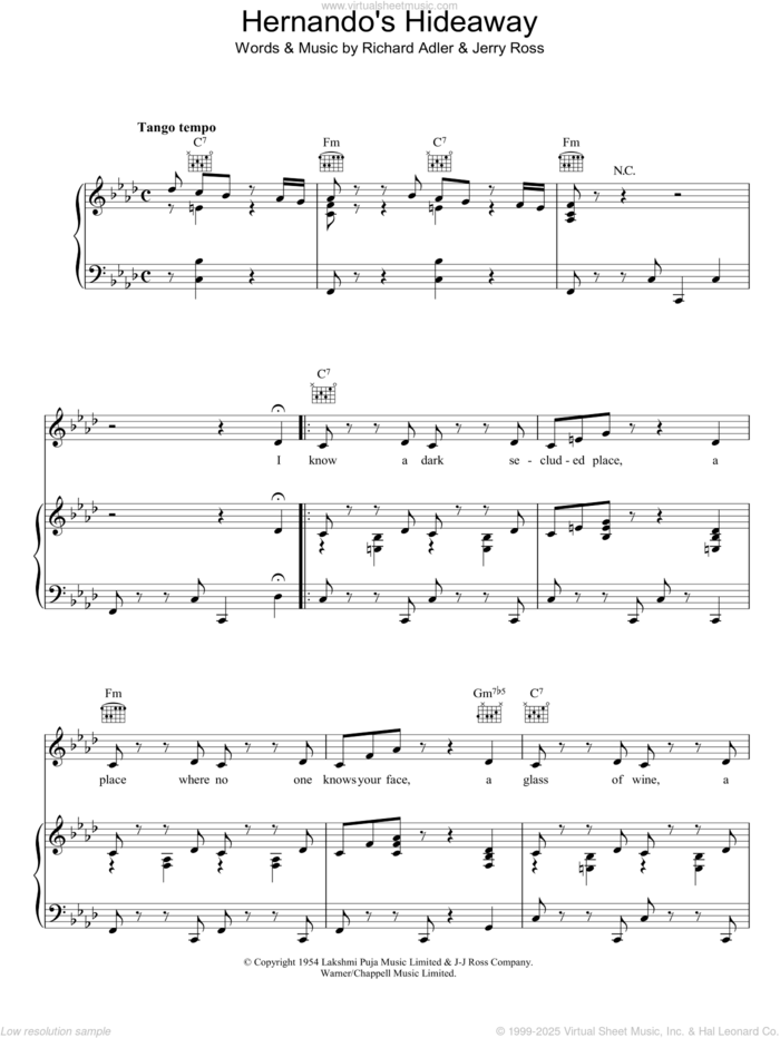 Hernando's Hideaway sheet music for voice, piano or guitar by Richard Adler and Jerry Ross, intermediate skill level