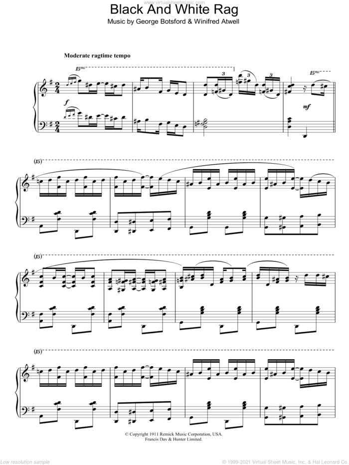 Black And White Rag sheet music for piano solo by George Botsford and Winifred Atwell, intermediate skill level