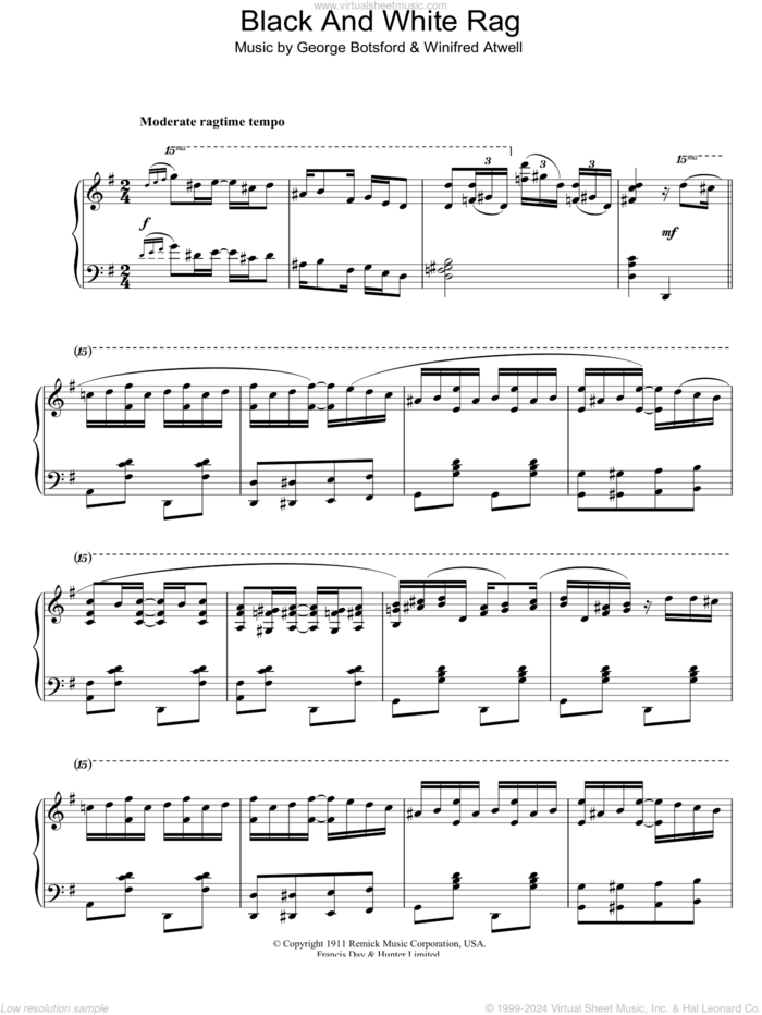 Black And White Rag sheet music for piano solo by George Botsford and Winifred Atwell, intermediate skill level