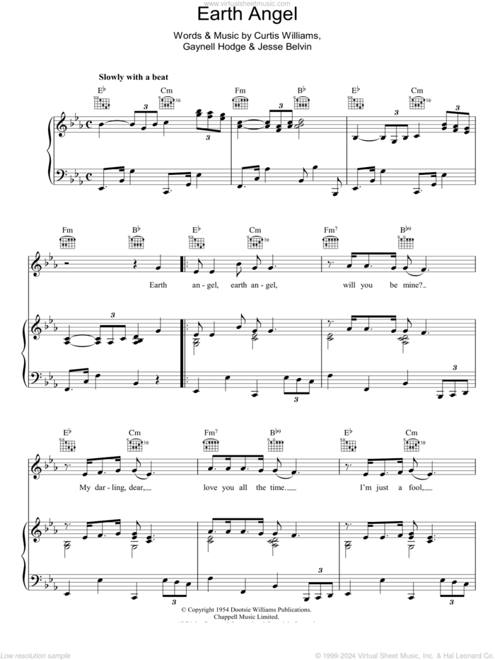 Earth Angel sheet music for voice, piano or guitar by The Penguins, The Crew-Cuts, Curtis Williams, Gaynell Hodge and Jesse Belvin, intermediate skill level