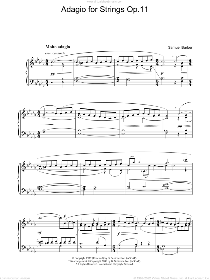 Adagio For Strings Op.11, (intermediate) sheet music for piano solo by Samuel Barber, classical score, intermediate skill level