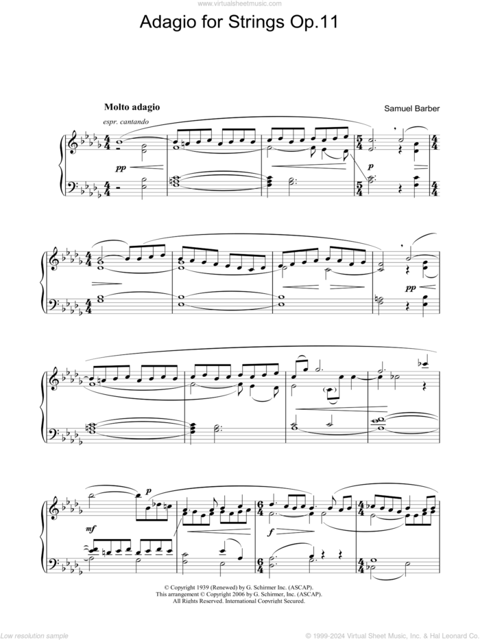 Adagio For Strings Op.11, (intermediate) sheet music for piano solo by Samuel Barber, classical score, intermediate skill level