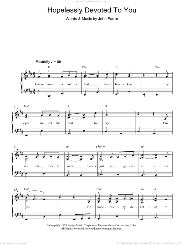 Hopelessly Devoted To You sheet music for piano solo by Olivia Newton-John and John Farrar, easy skill level