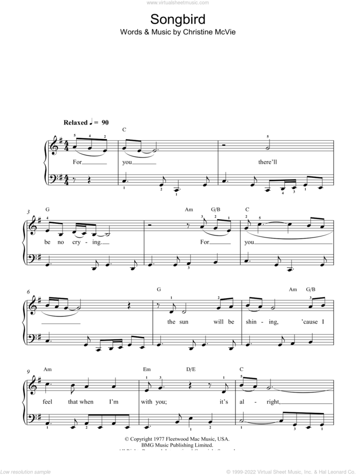Songbird, (easy) sheet music for piano solo by Eva Cassidy and Christine McVie, easy skill level